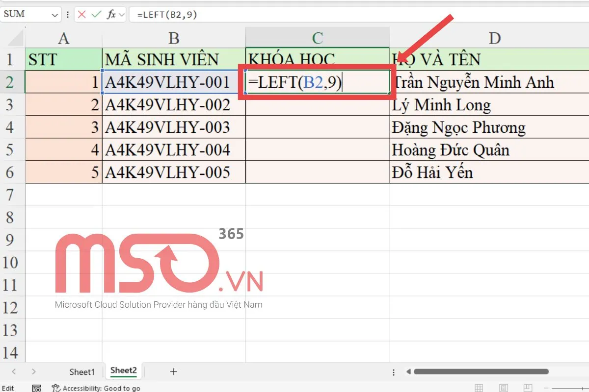 Hướng dẫn sử dụng hàm LEFT trong Excel cơ bản