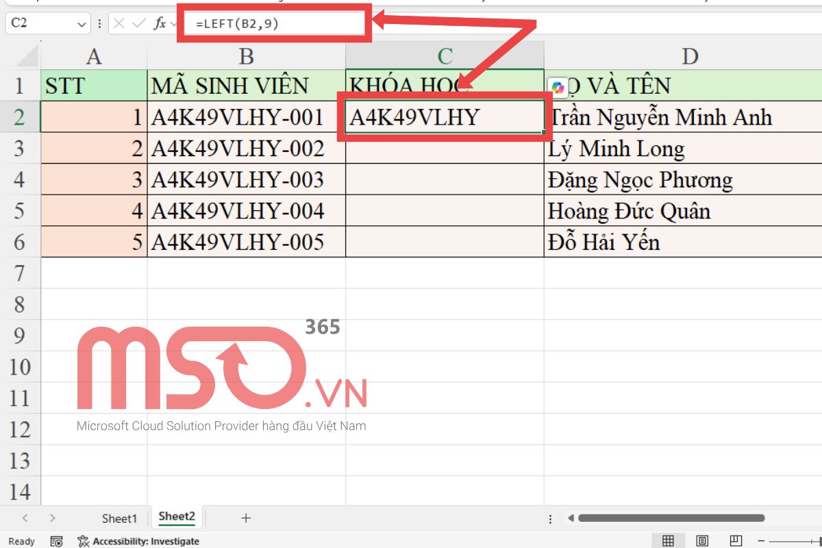 Hướng dẫn sử dụng hàm LEFT trong Excel cơ bản