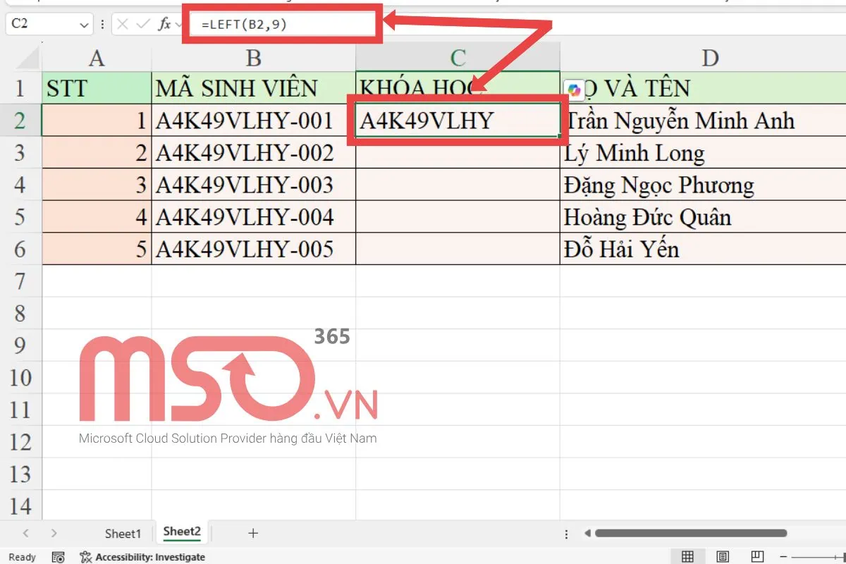 Hướng dẫn sử dụng hàm LEFT trong Excel cơ bản