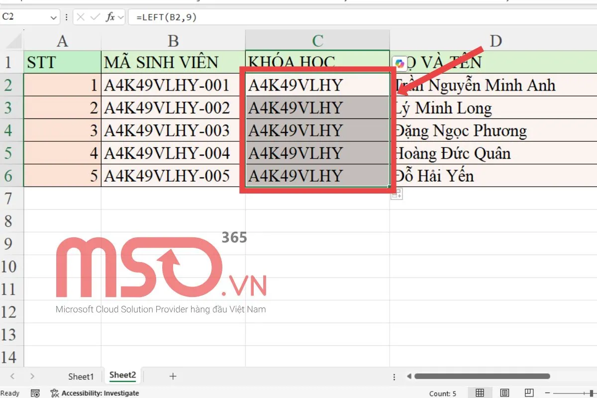 Hướng dẫn sử dụng hàm LEFT trong Excel cơ bản