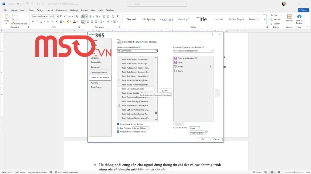 Thêm máy tính trên Word