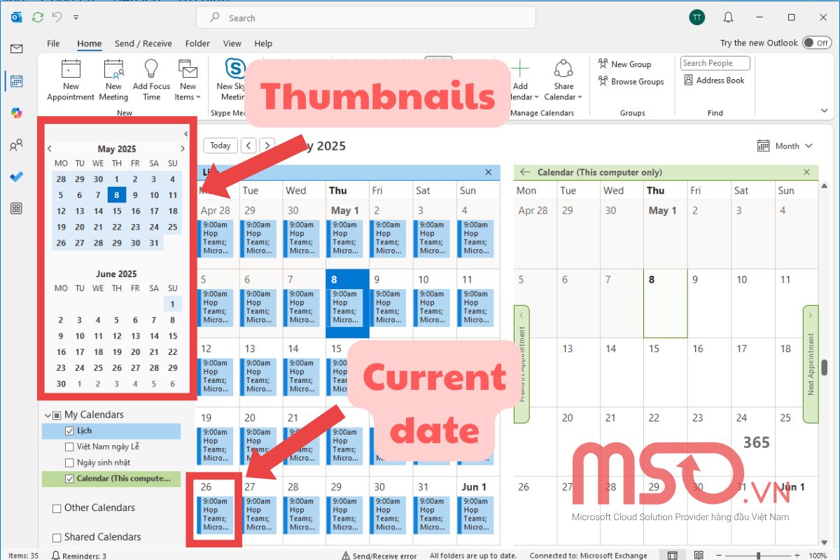 Mở chế độ xem Outlook Calendar