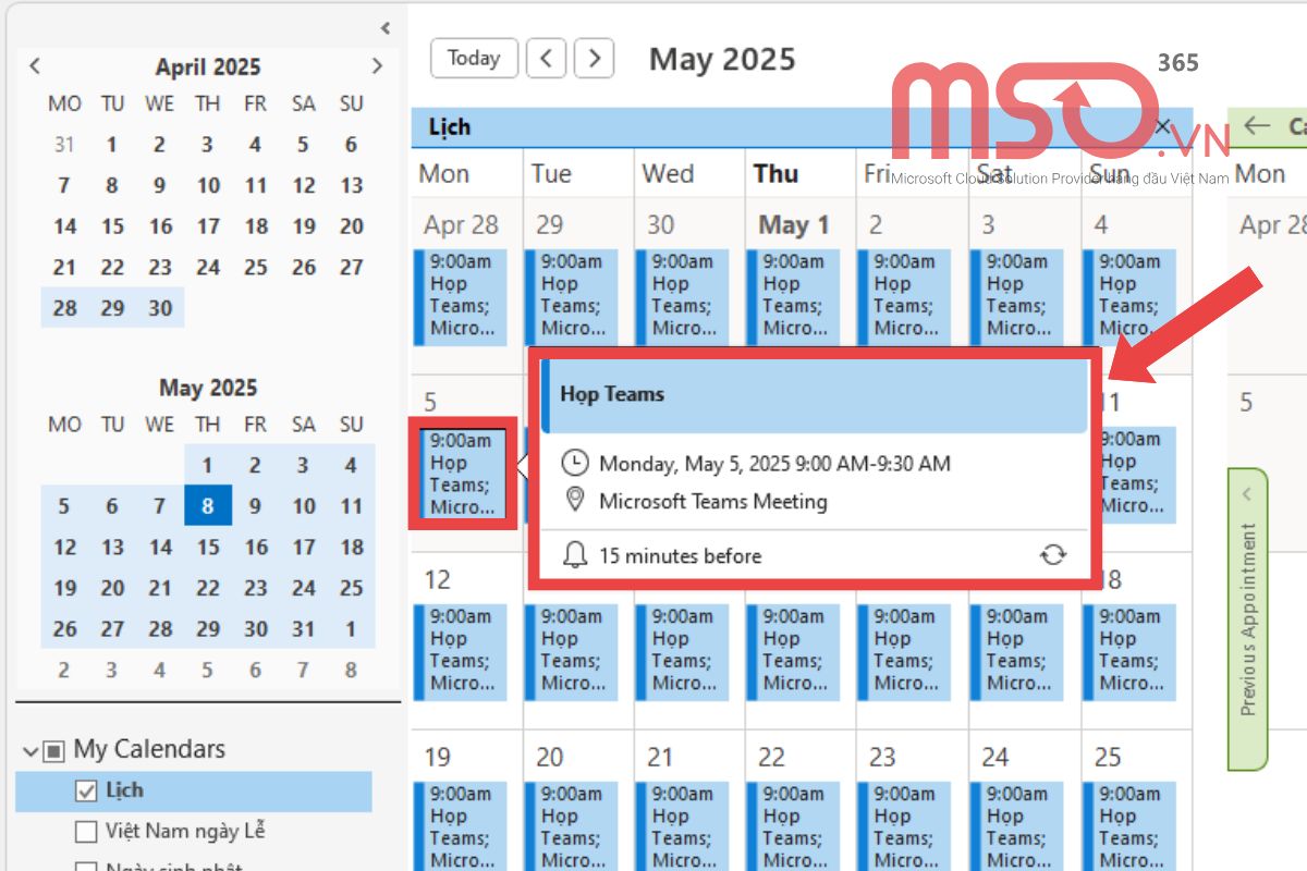 Mở chế độ xem Outlook Calendar