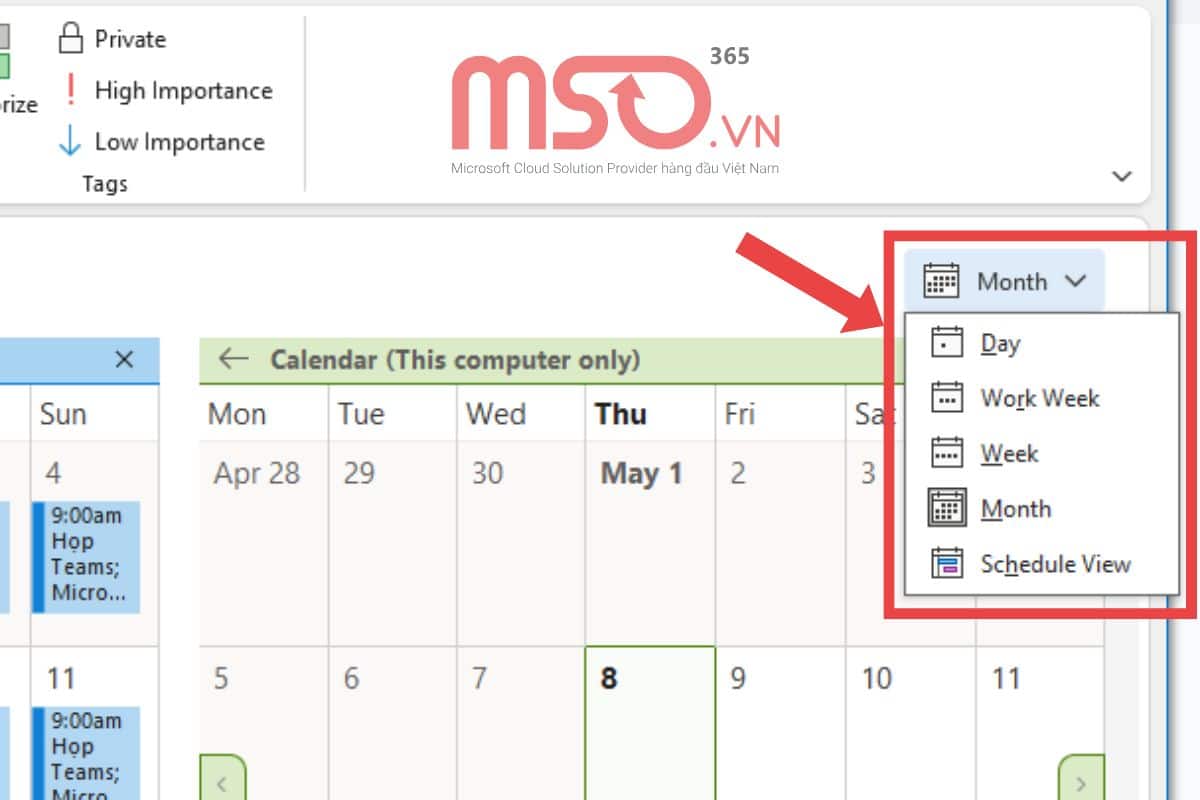 Mở chế độ xem Outlook Calendar