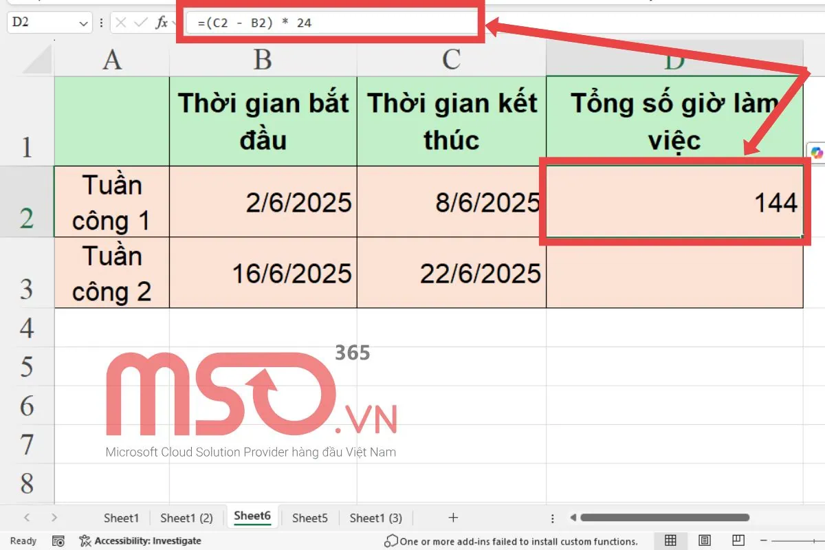 Sử dụng công thức trừ giờ trong Excel giữa hai ngày
