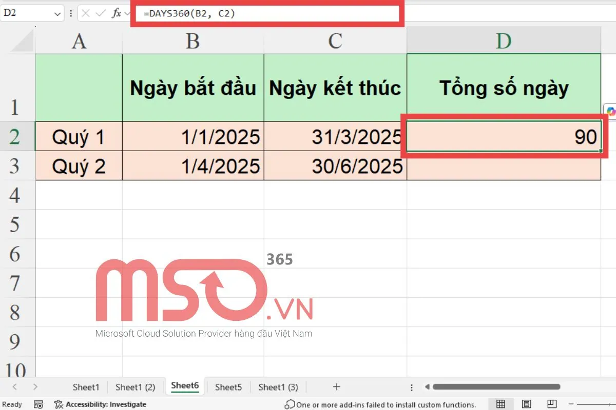 Cách Sử dụng hàm đếm ngày trong Excel - hàm DAYS360