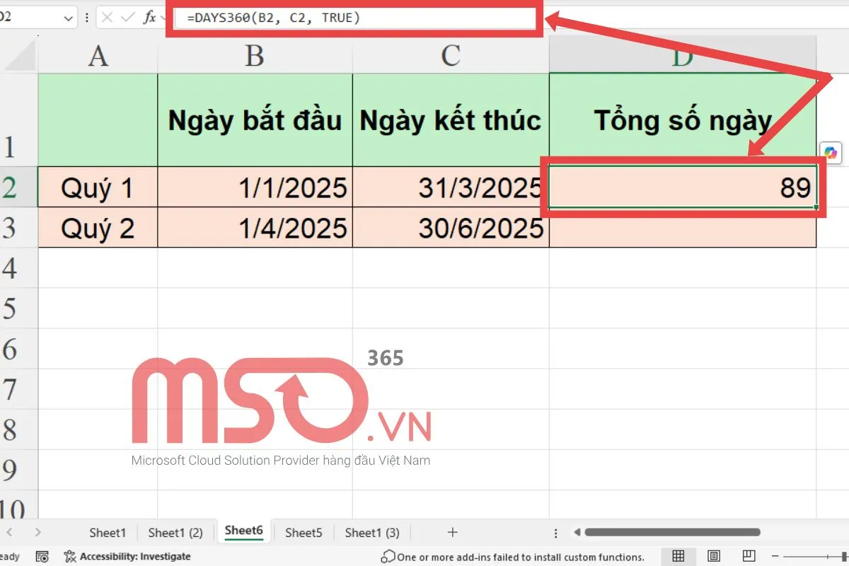 Cách Sử dụng hàm đếm ngày trong Excel - hàm DAYS360