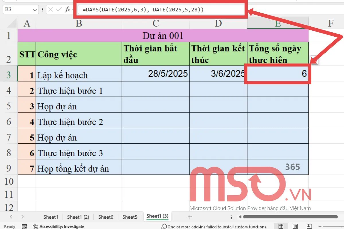 Cách sử dụng hàm tính số ngày trong Excel - hàm DAYS