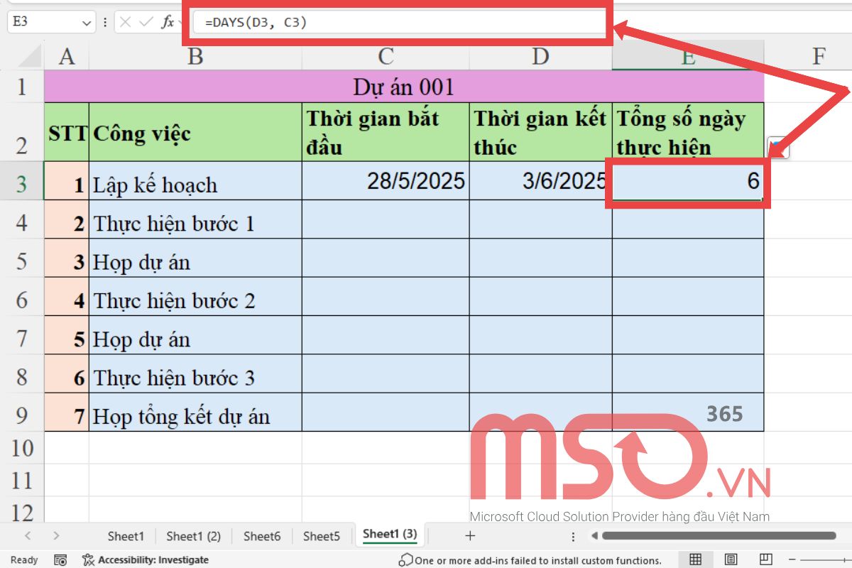 Cách sử dụng hàm tính số ngày trong Excel - hàm DAYS