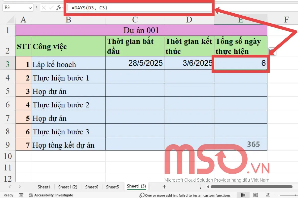 Cách sử dụng hàm tính số ngày trong Excel - hàm DAYS