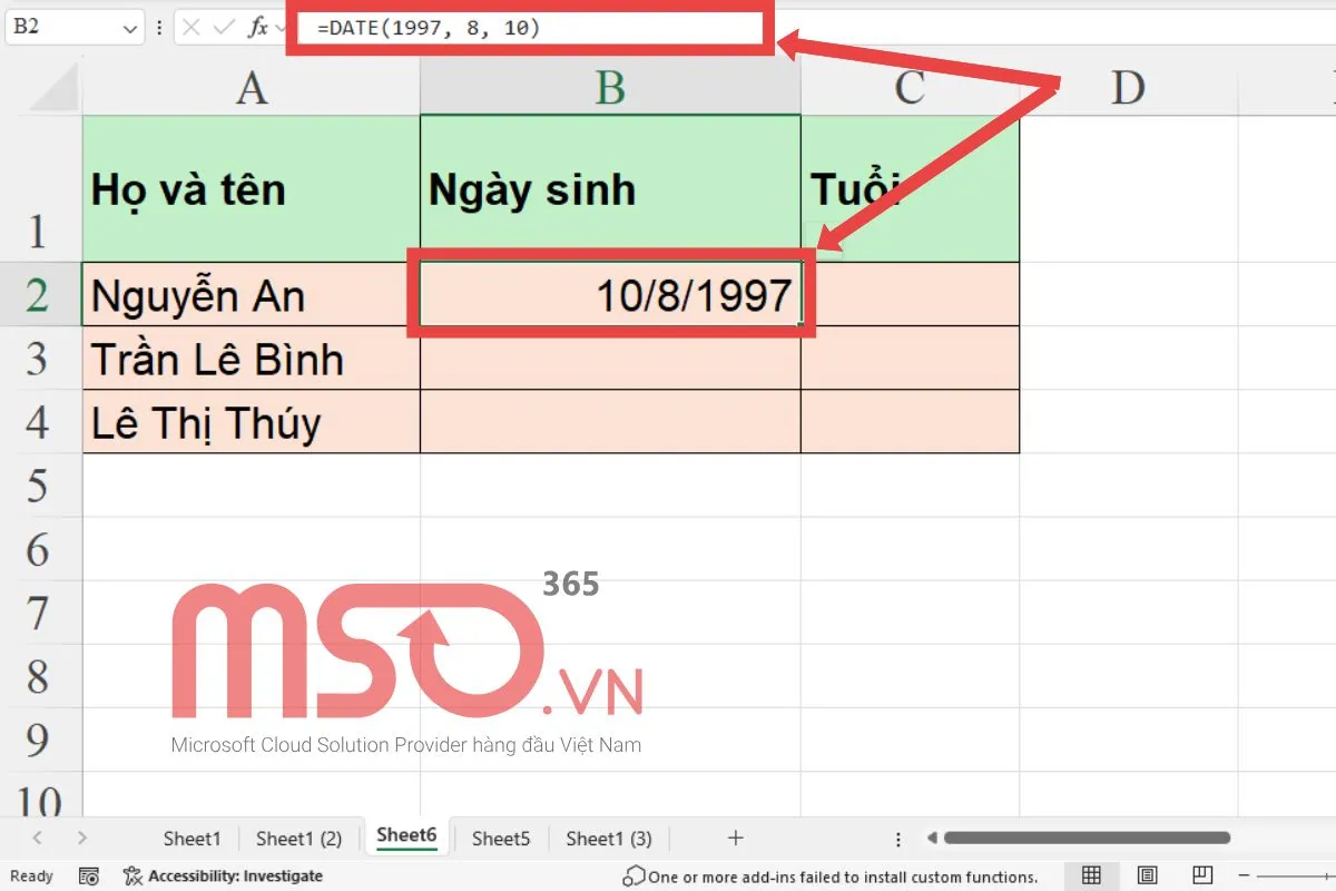 Sử dụng hàm tính số ngày trong Excel - DATE