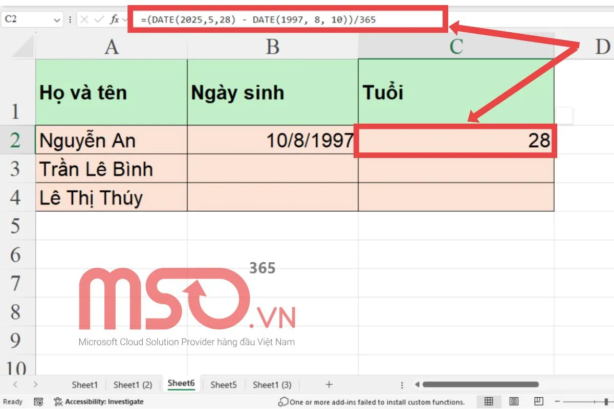 Sử dụng hàm tính số ngày trong Excel - DATE