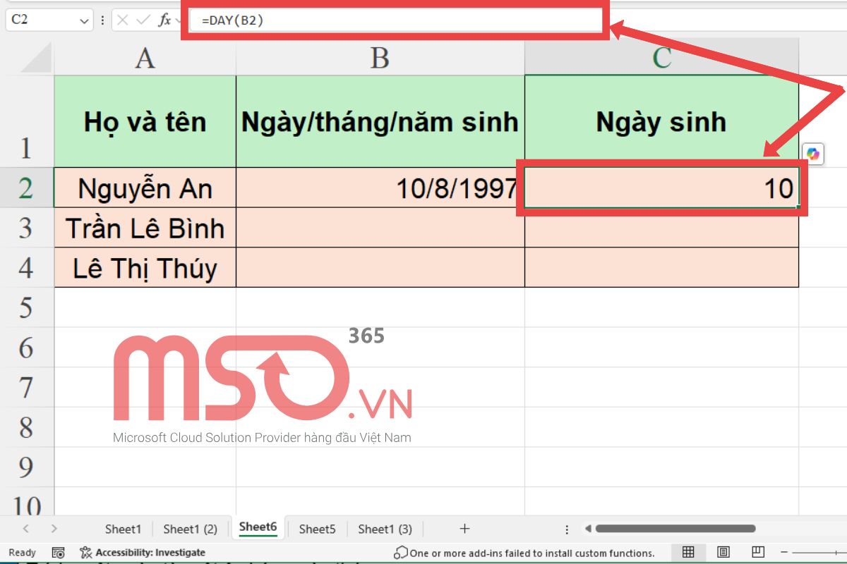 Cách sử dụng hàm tính số ngày trong Excel - hàm DAY