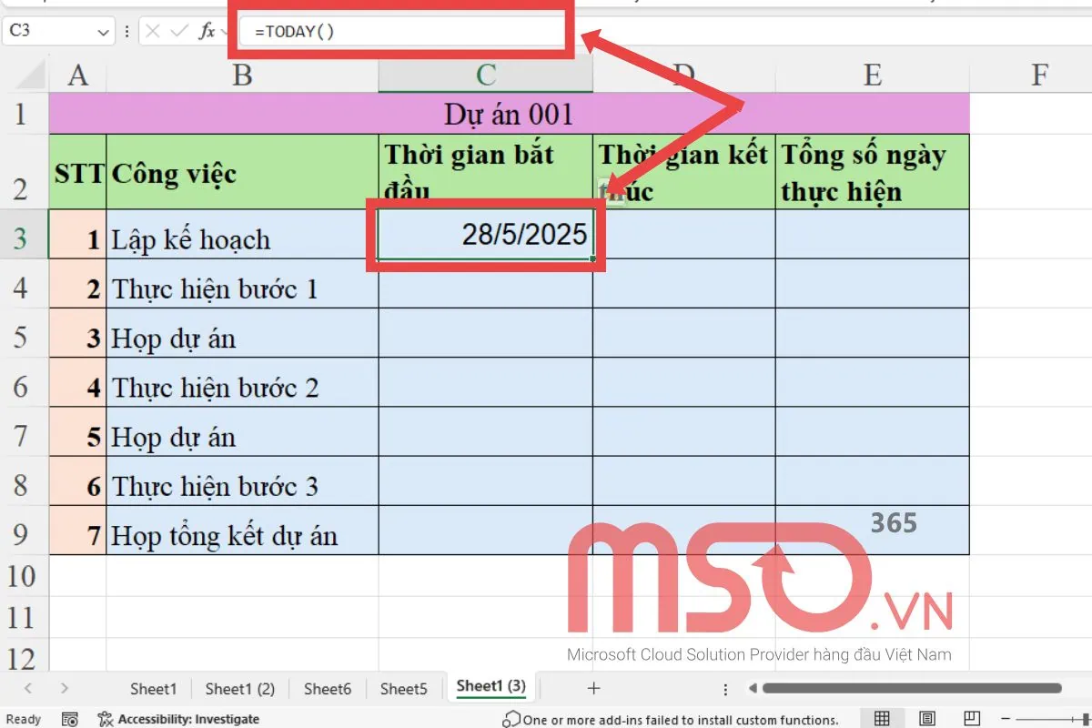Cách sử dụng hàm tính số ngày trong Excel - hàm TODAY