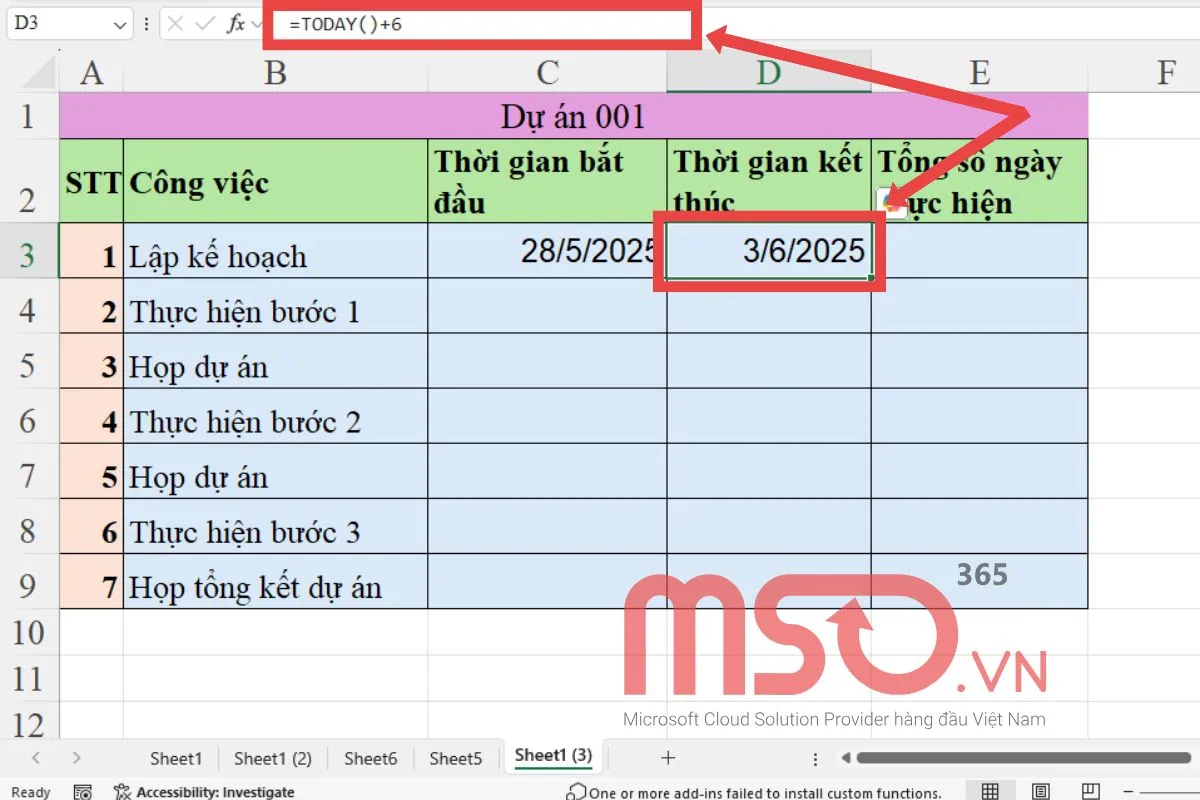 Cách sử dụng hàm tính số ngày trong Excel - hàm TODAY