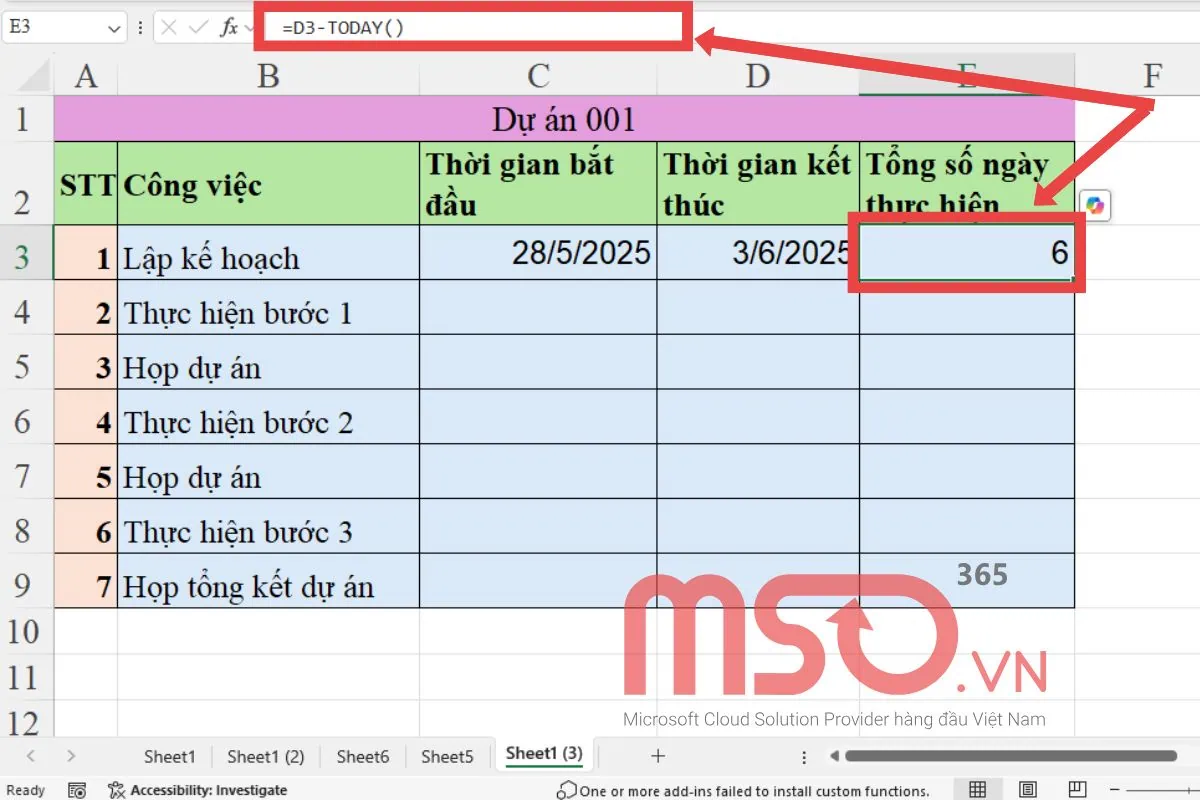 Cách sử dụng hàm tính số ngày trong Excel - hàm TODAY