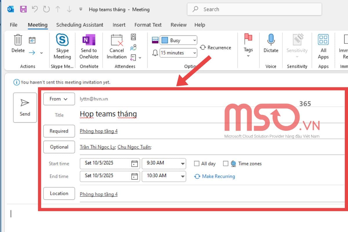 Tạo một cuộc hẹn trên Outlook Calendar