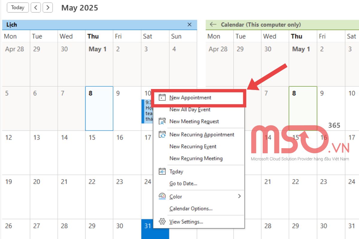 Tạo một cuộc hẹn trên Outlook Calendar