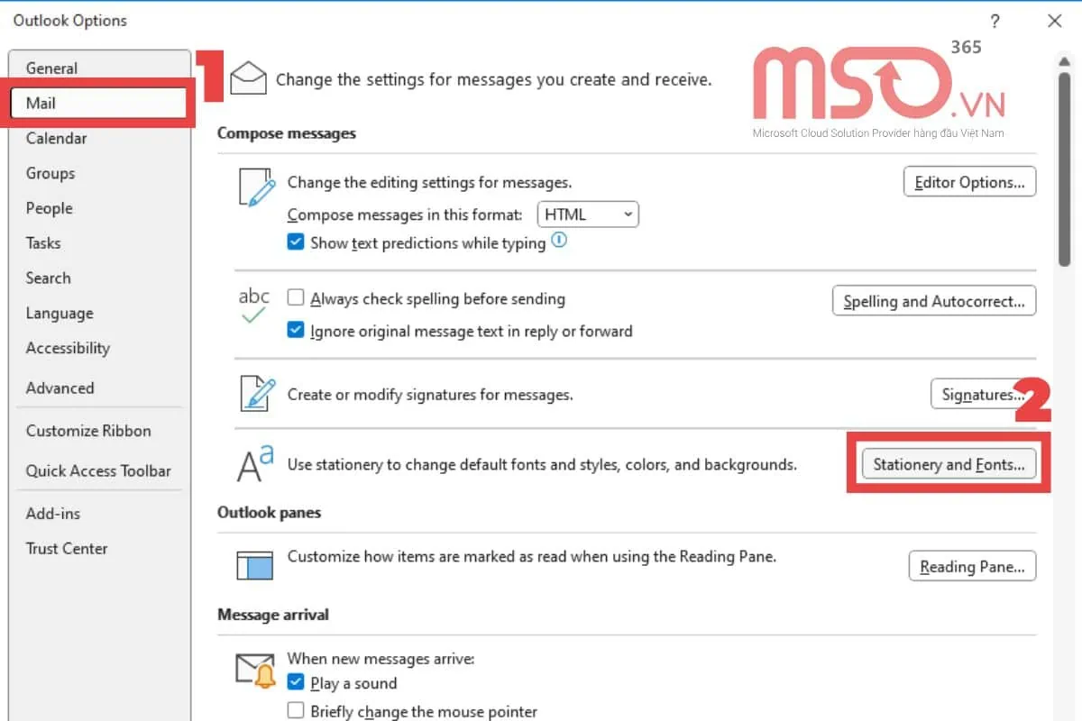 Thay đổi các cài đặt font chữ mặc định cho Outlook