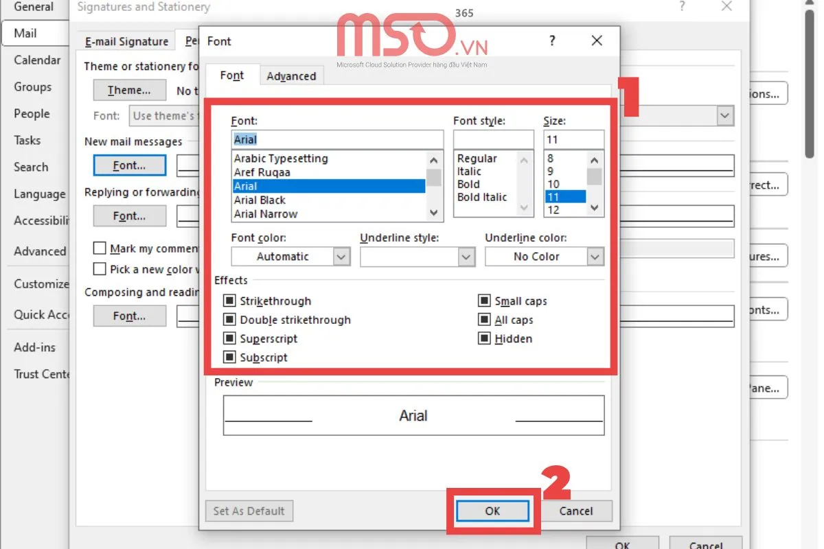 Thay đổi các cài đặt font chữ mặc định cho Outlook