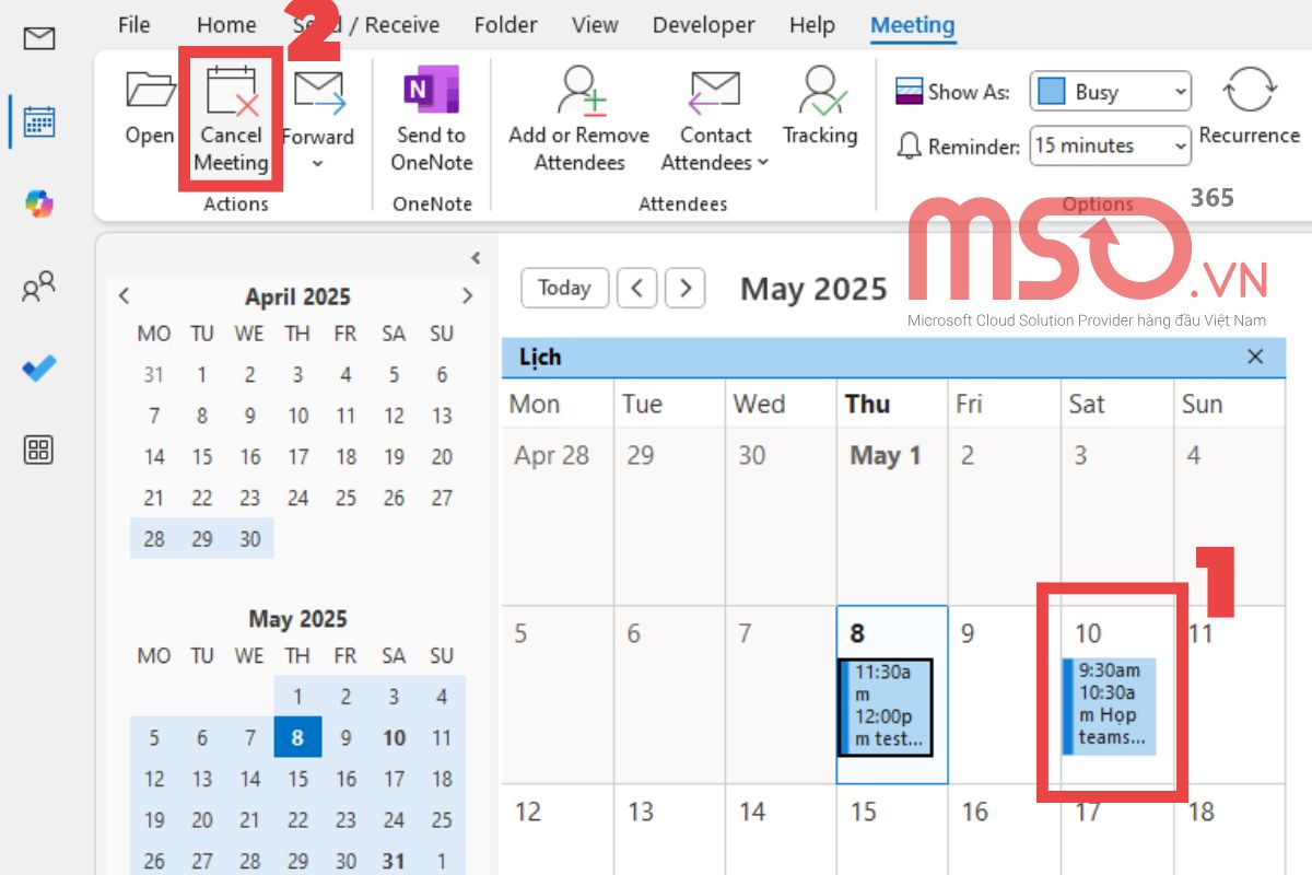 Xóa lịch trên Outlook Calendar
