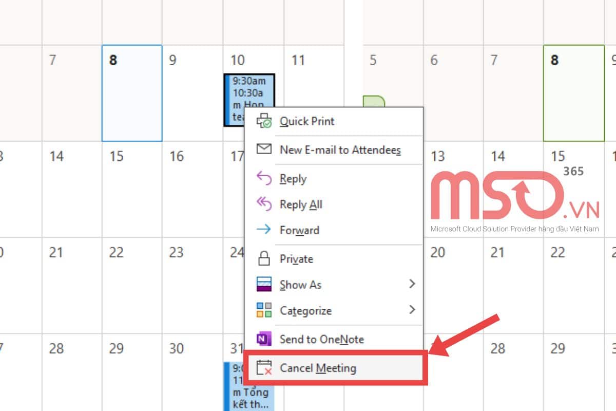 Xóa lịch trên Outlook Calendar