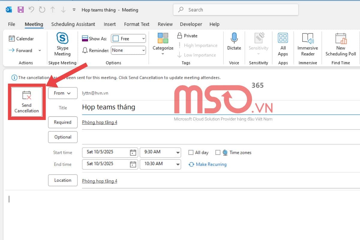 Xóa lịch trên Outlook Calendar