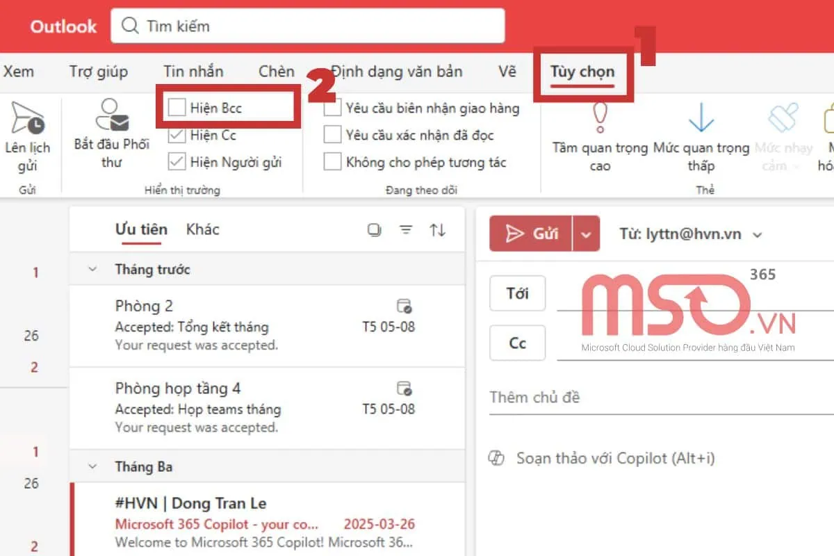 Cách hiển thị bcc trong Outlook mới trên máy tính