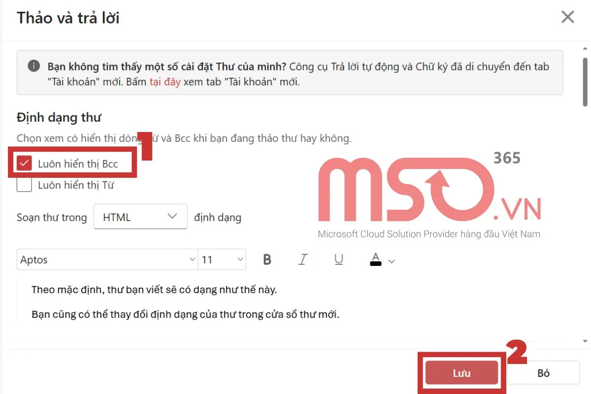 Cách hiển thị bcc trong Outlook trên Webapp