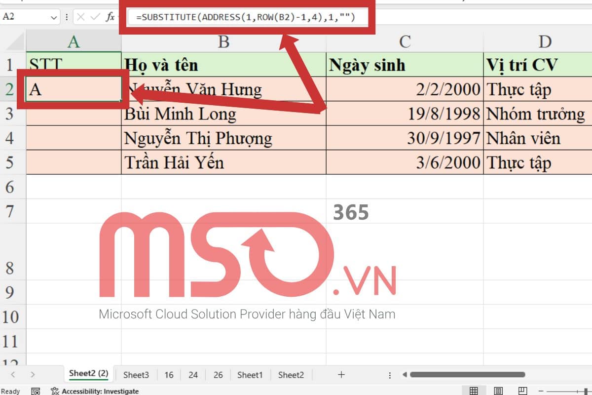 Cách đánh chữ thứ tự trong Excel theo ABC
