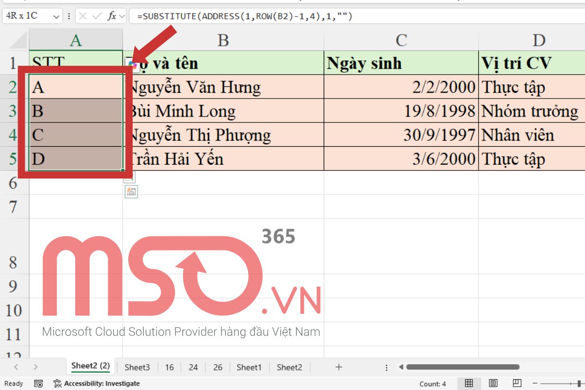 Cách đánh chữ thứ tự trong Excel theo ABC