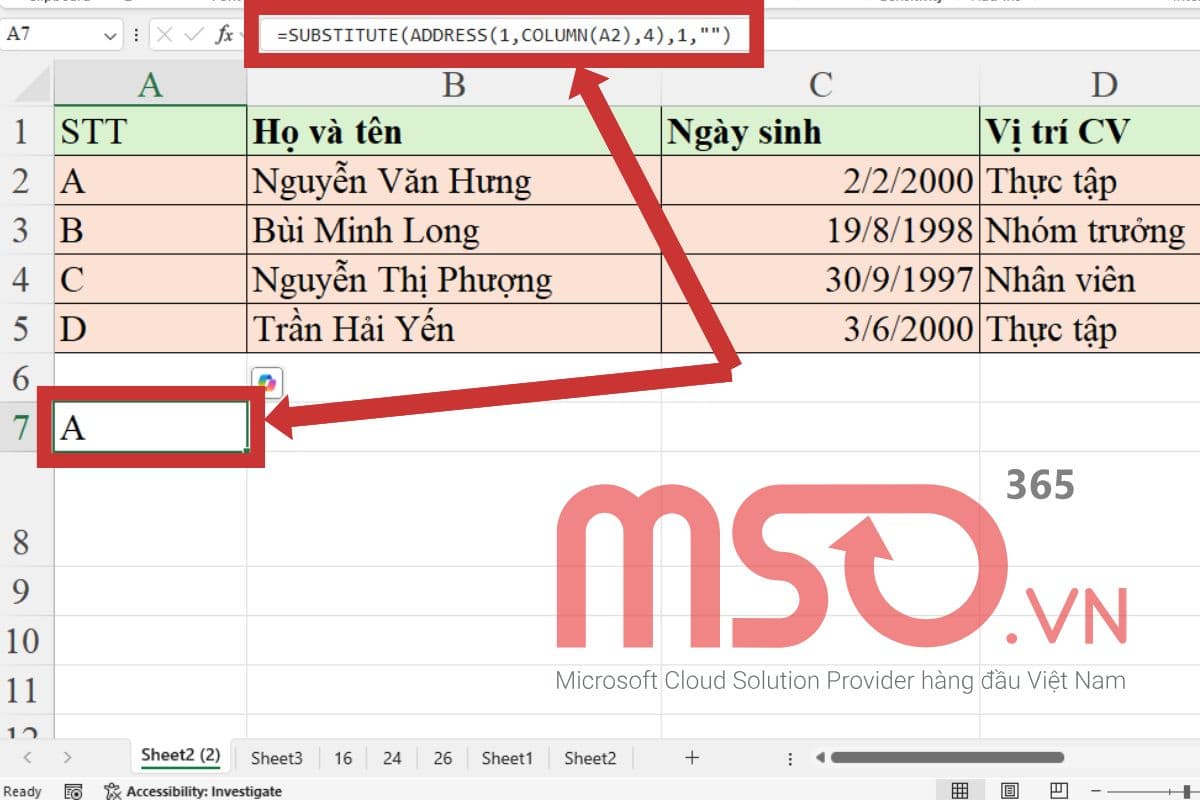 Cách đánh chữ thứ tự trong Excel theo ABC