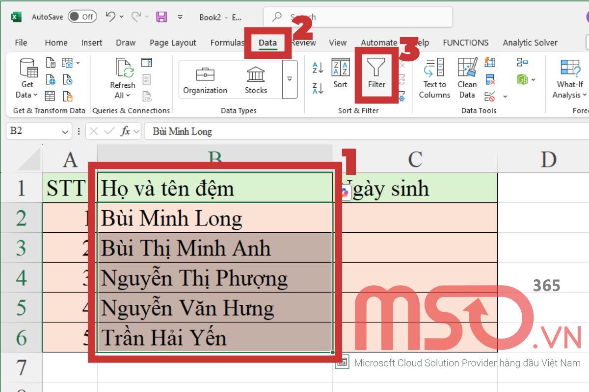 Cách đánh chữ trong Excel theo thứ tự bằng bộ lọc sắp xếp nhanh
