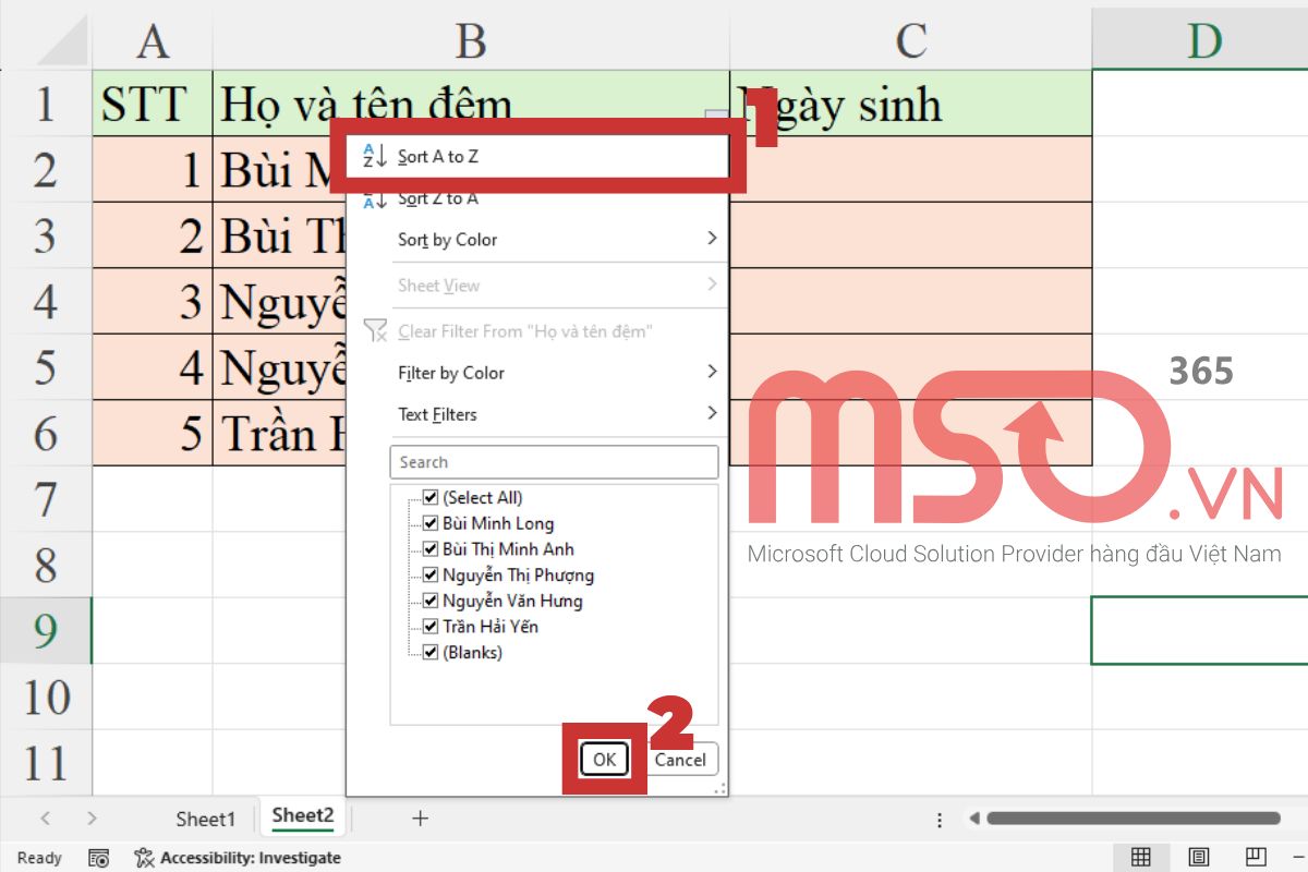 Cách đánh chữ trong Excel theo thứ tự bằng bộ lọc sắp xếp nhanh