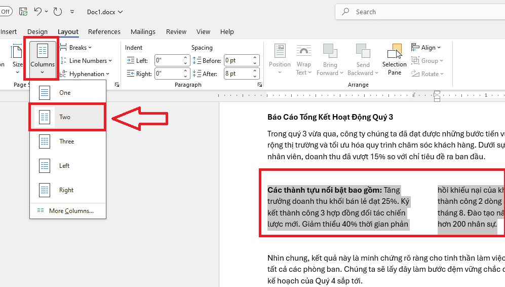 Cách chia cột trong Word cho một đoạn văn bản chỉ định