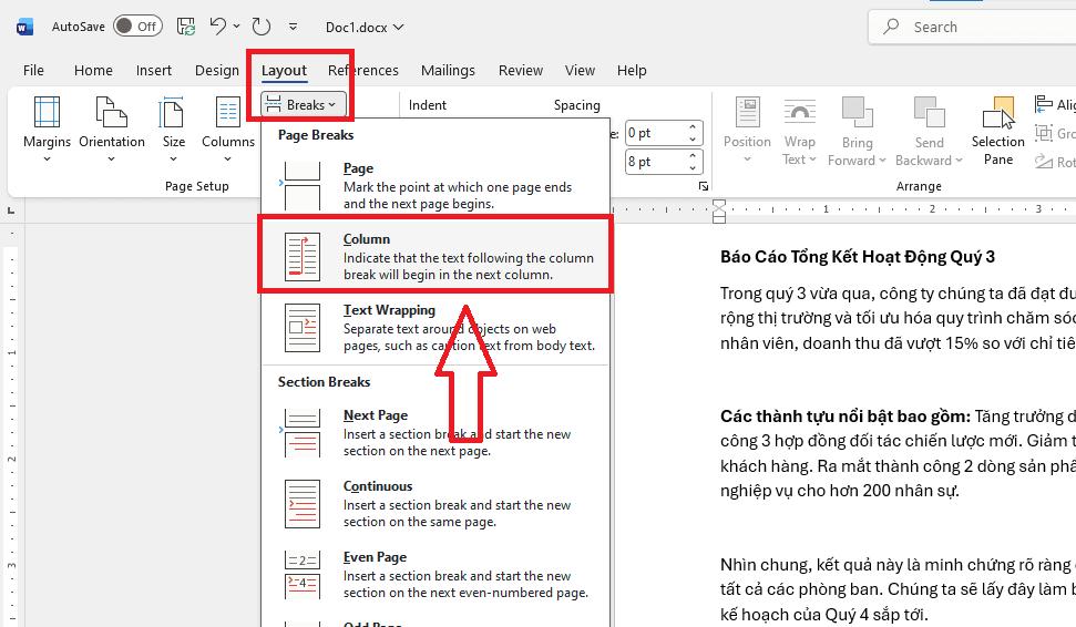 Cách ngắt cột trong Word chủ động (Column Break)