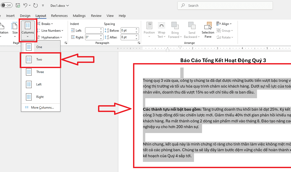 Cách chia cột trong Word mà tiêu đề vẫn nằm giữa trang