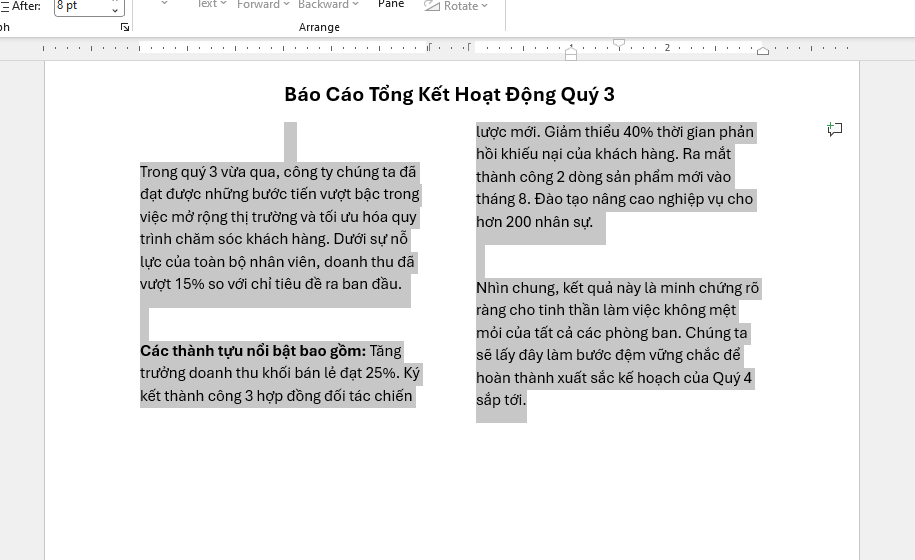 Cách chia cột trong Word mà tiêu đề vẫn nằm giữa trang