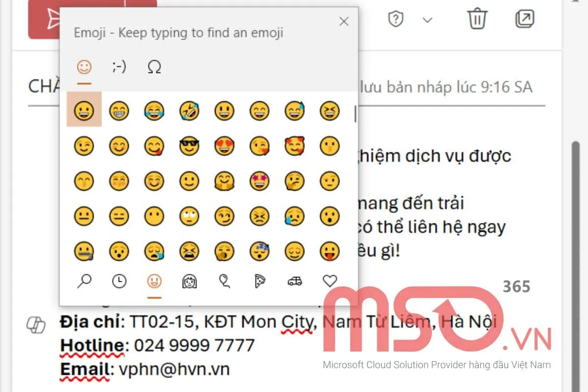 Sử dụng phím tắt icon trong Outlook để chèn icon, emoji