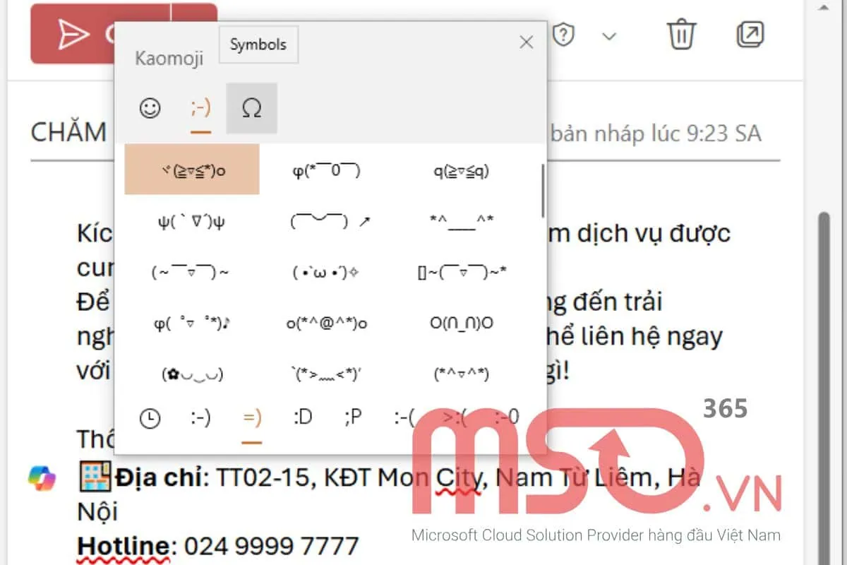 Sử dụng phím tắt icon trong Outlook để chèn icon, emoji