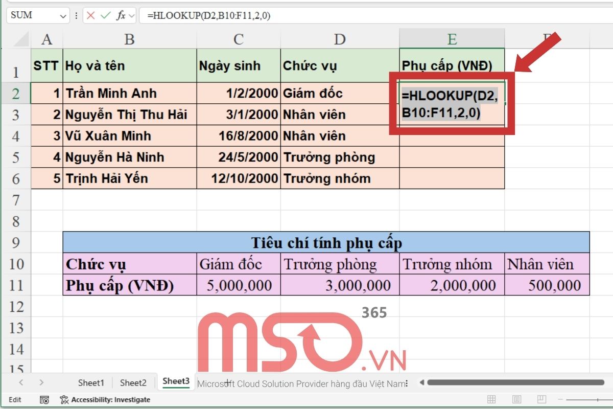 Hướng dẫn cách sử dụng hàm HLOOKUP cơ bản