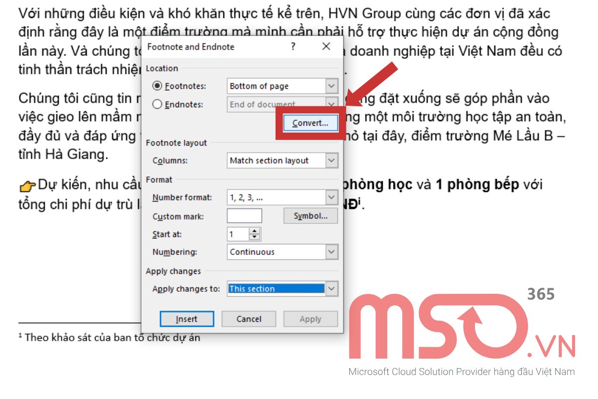Cách chuyển đổi giữa Footnote và Endnote bằng References