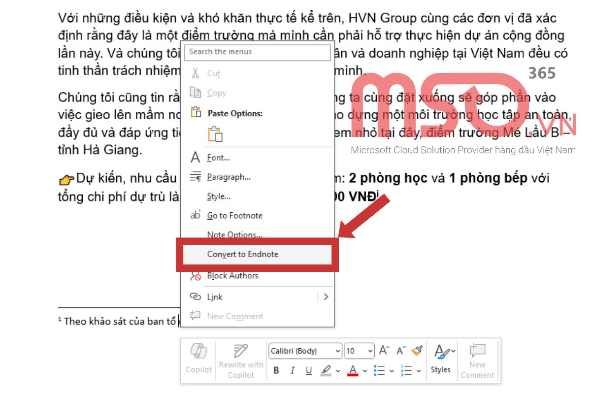 Cách chuyển đổi giữa Footnote và Endnote bằng lệnh Convert