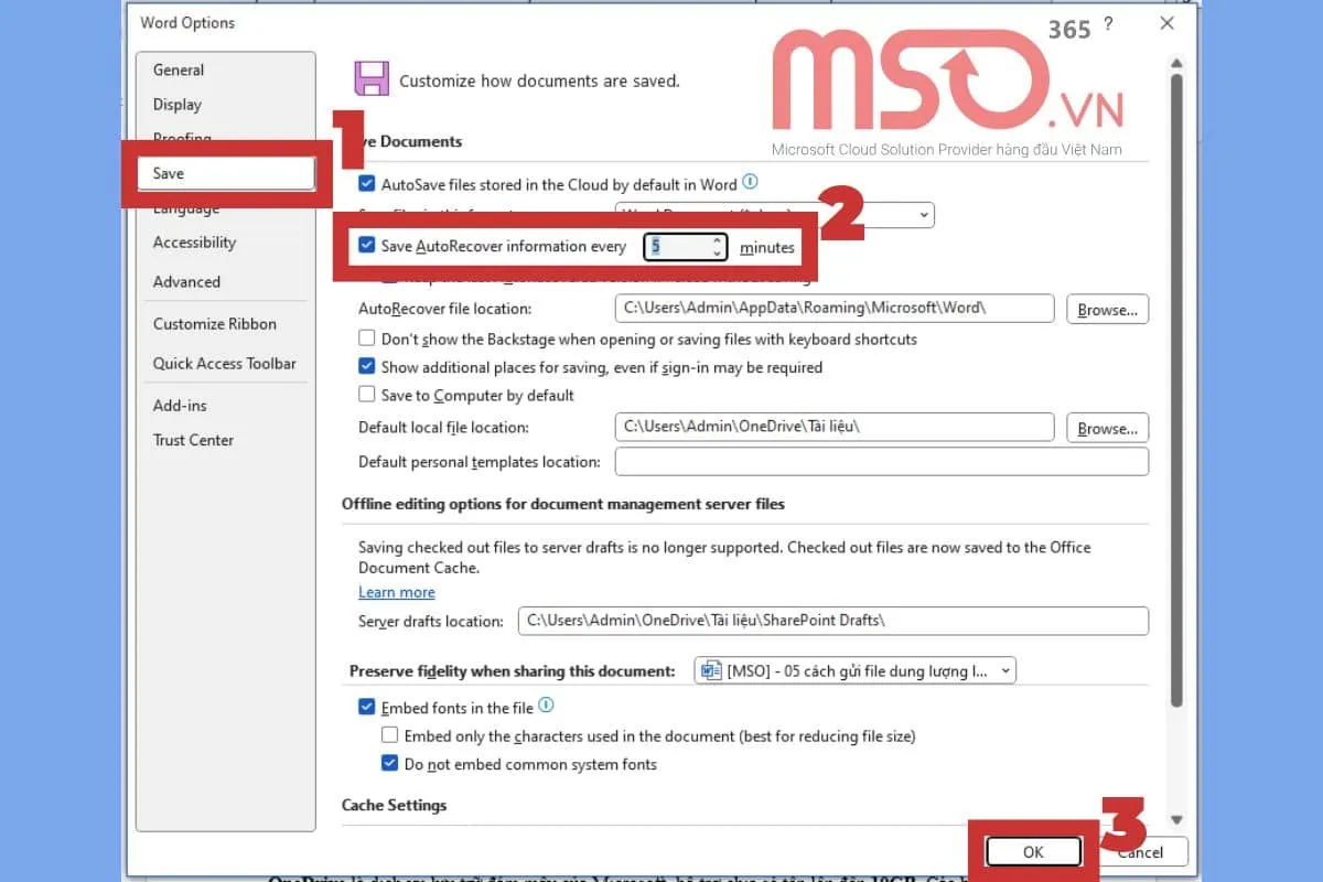 Bật AutoSave Word và AutoRecover Word để ngăn mất file Word chưa lưu