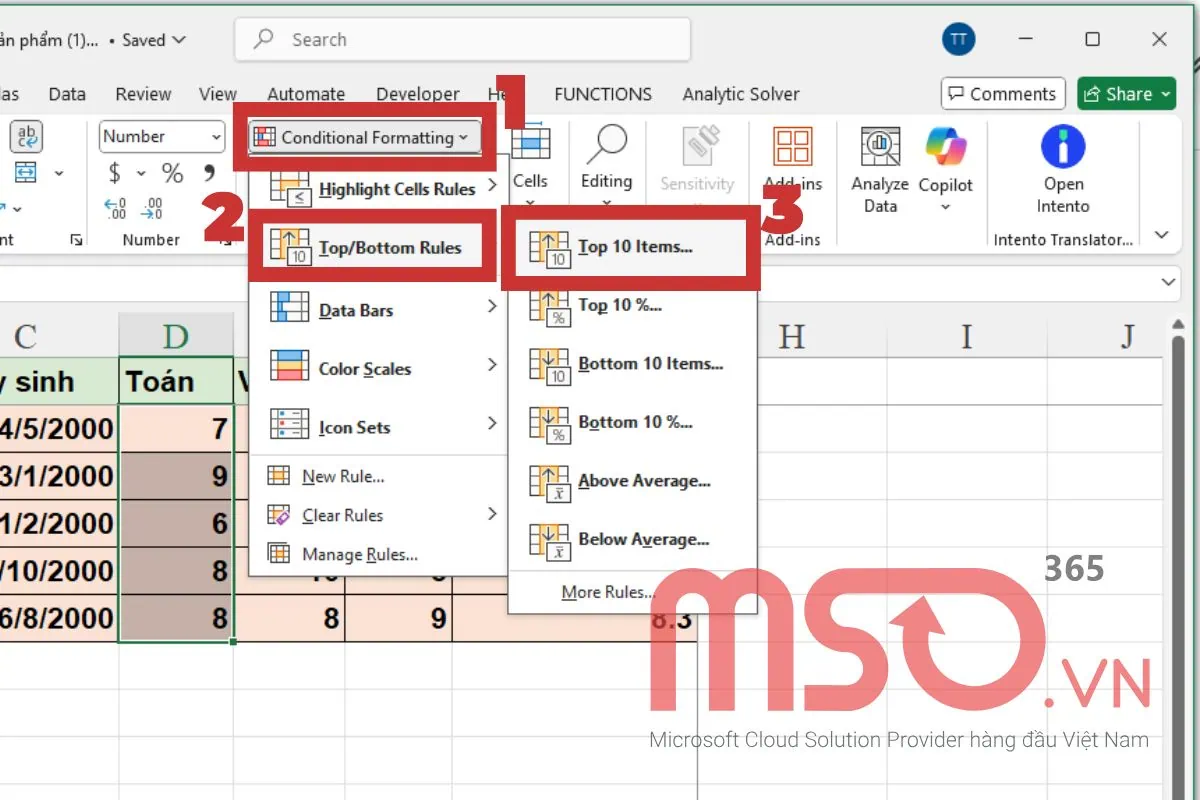 Các định dạng có điều kiện có sẵn phổ biến nhất trong Excel