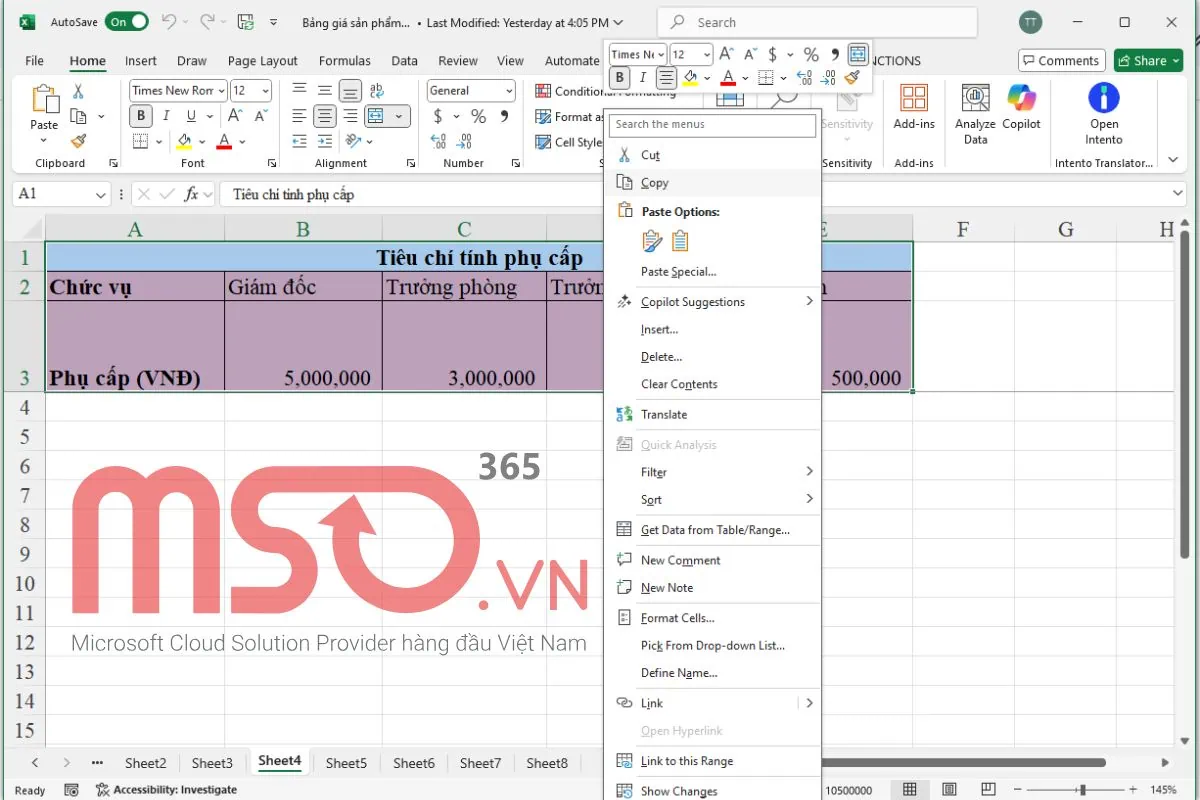Cách chèn bảng Excel vào Word bằng Paste Picture