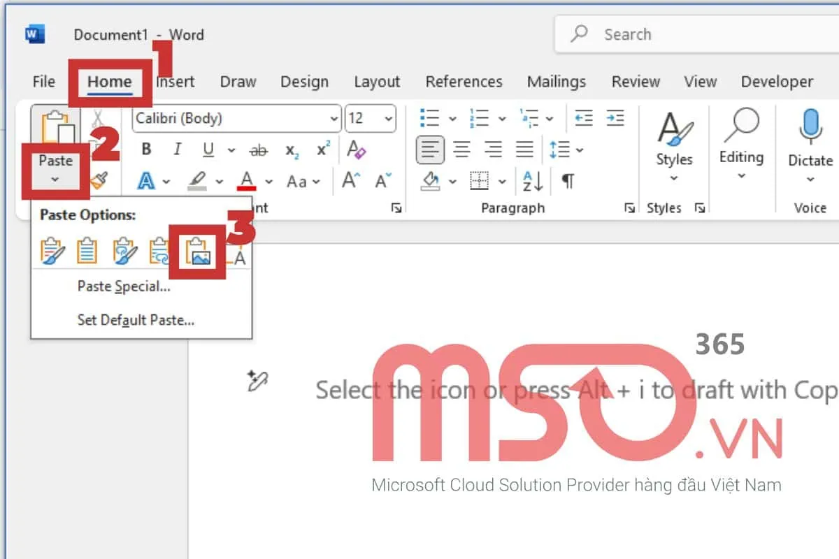 Cách chèn bảng Excel vào Word bằng Paste Picture