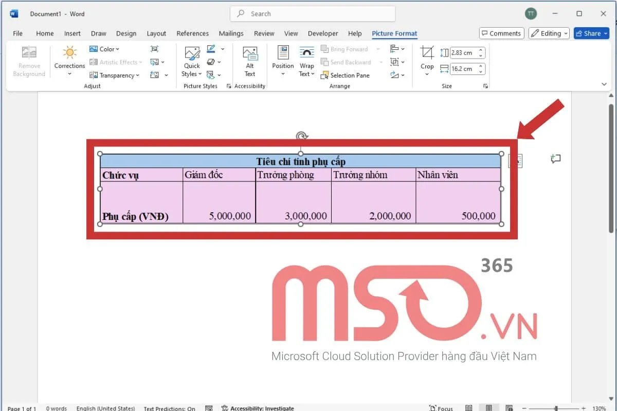 Cách chèn bảng Excel vào Word bằng Paste Picture