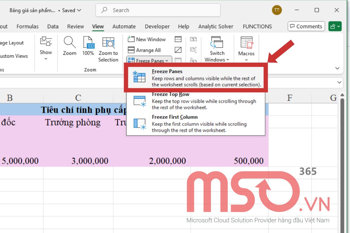 Cách cố định dòng trong Excel cho nhiều dòng