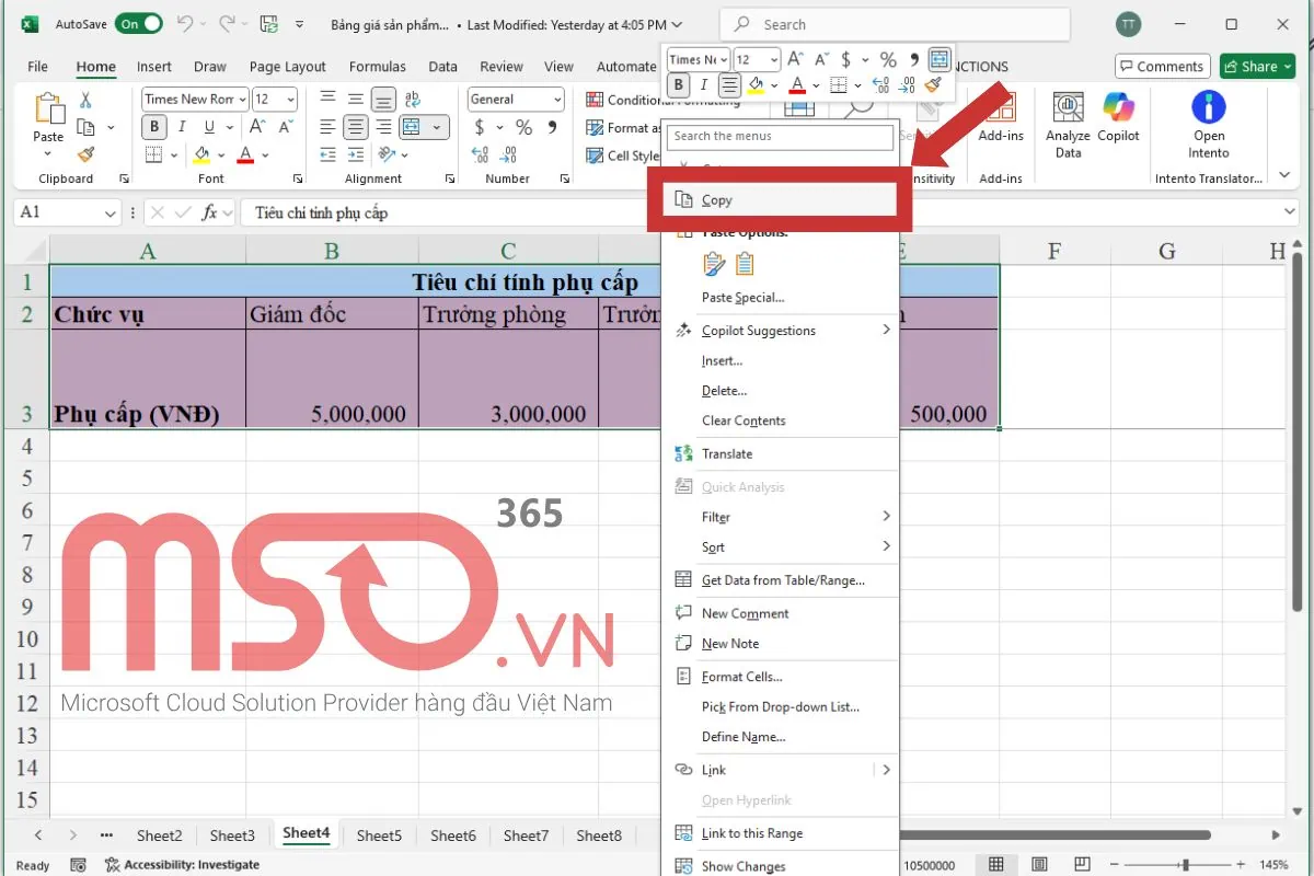 Cách copy Excel sang Word bằng lệnh Copy, Paste và Paste Special